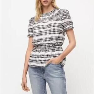 J Crew Black and White Plaid Daisy Peplum Plaid Cotton Blouse size Medium